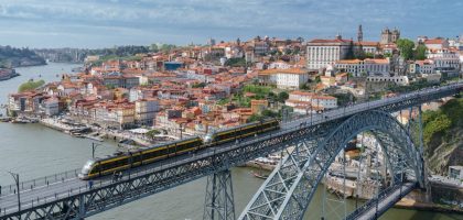 Stunning aerial shot of the iconic Luís I Bridge spanning the Douro River in Porto, Portugal.