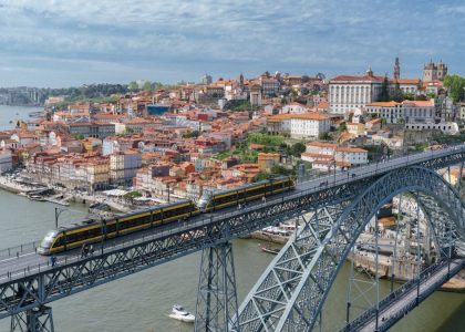 Stunning aerial shot of the iconic Luís I Bridge spanning the Douro River in Porto, Portugal.
